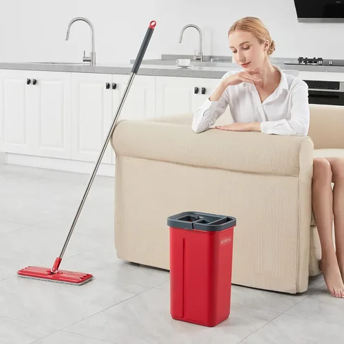 Miniatura 6 de BOSHENG Mopa y cubo con juego de escurridor, fregona plana y cubo, fregona de suelo con 3 almohadillas de microfibra lavables, uso en húmedo y seco