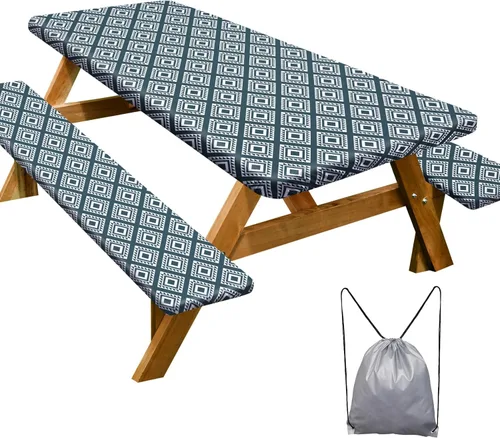 Miniatura 47 de Funda de mesa de picnic con fundas para bancos Esenciales de camping Mantel de picnic impermeable y a prueba de viento con bolsa de cordón, funda