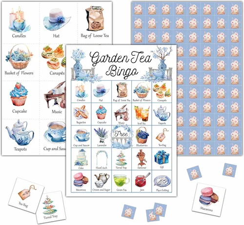 Juego de bingo de té de jardín, tarjeta de bingo para fiesta de té, juego de bingo para 24 jugadores, actividades en interiores y exteriores, fiesta
