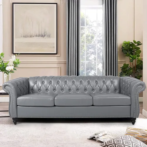 Miniatura 17 de LEVNARY Sillón tapizado de cuero, moderno sofá individual de mediados de siglo con brazos enrollados y cabeza de clavo, silla Chesterfield de piel