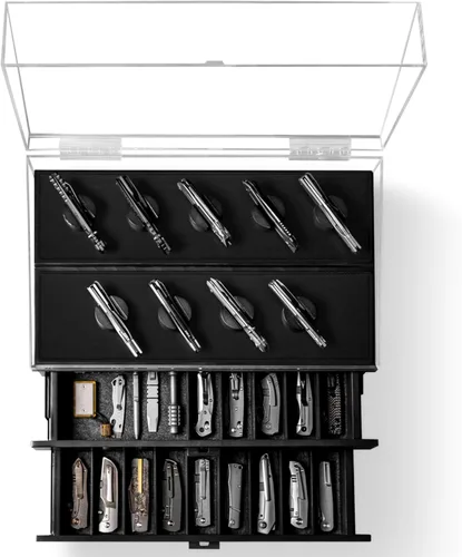 Miniatura 11 de Vitrina de cuchillos de bolsillo premium para 10 cuchillos, organizador de cuchillos de madera, almacenamiento y soporte con pilares únicos