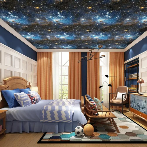 Miniatura 4 de Livelynine Papel tapiz de galaxia para despegar y pegar, color azul oscuro, papel de pared autoadhesivo de Star Wars, estrellas doradas, cielo
