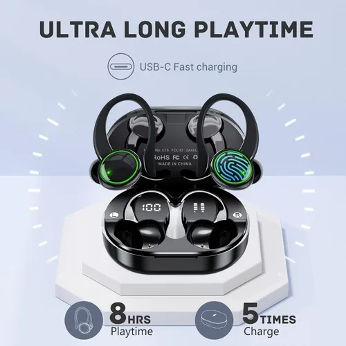 Miniatura 3 de Para Xiaomi Redmi Note 9 Pro Max Bluetooth 5.3 Auriculares estéreo 3D con gancho para la oreja, control táctil 40H sobre la oreja, auriculares