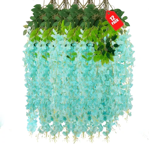 Miniatura 46 de Paquete de 12 flores colgantes de glicina rosa, flores colgantes falsas de 3.44 pies, guirnalda de glicina artificial para decoración de boda, telón