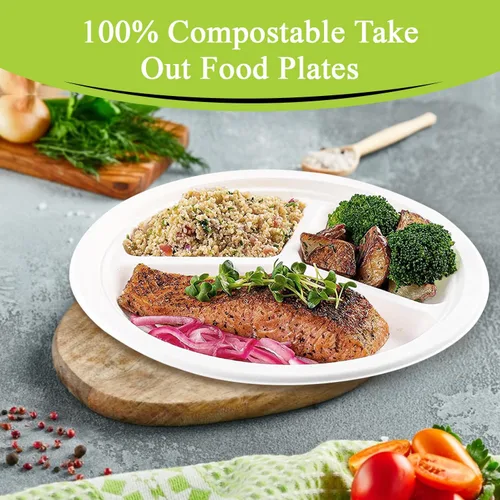 Miniatura 2 de three leaf Bandeja de Bagazo de 6 Compartimentos Resistente - Súper Fuerte - Natural - Ecológica Platos Desechables de Bagazo, 100% Biodegradables