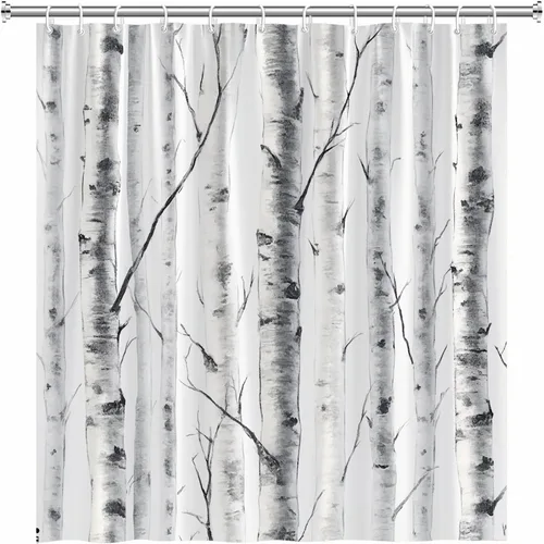 Miniatura 3 de Cortina de ducha con diseño de abedul, acuarela, gris, blanco, moteado, tronco, rama de árbol, naturaleza, rústico, granja, al aire libre, tela
