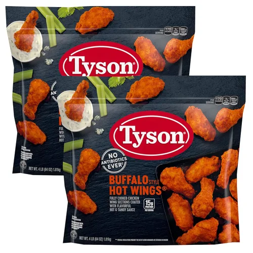 Miniatura 9 de Tyson Alitas de pollo con hueso estilo búfalo totalmente cocidas, con sabrosa salsa picante y picante, 0.55 onzas de proteína por porción, paquete
