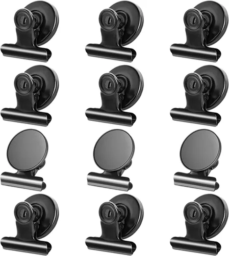 Grtard Paquete de 12 clips magnéticos, imanes de nevera, clips magnéticos fuertes resistentes, clip magnético para pizarra blanca para oficina, Negro