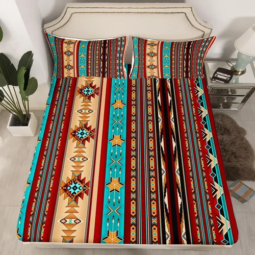 Miniatura 50 de Juego de ropa de cama de estilo bohemio occidental, tamaño individual, diseño de vaca atrapasueños, sábana bajera ajustable del suroeste, tribu