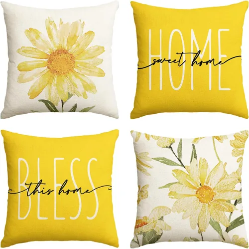 Miniatura 8 de AVOIN colorlife Home Sweet Home - Juego de 4 fundas de almohada amarillas para primavera y verano, 16 x 16 pulgadas, funda de cojín azul para sofá
