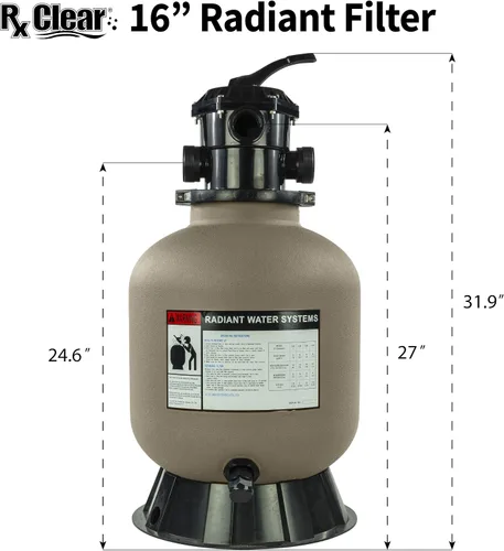 Miniatura 5 de Filtro de arena radiante transparente Rx para piscinas sobre el suelo, tanque de 16 pulgadas, válvula de 6 posiciones, viene con conexiones roscadas