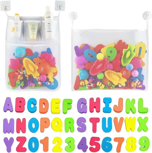 Miniatura 10 de Comfylife Organizador de juguetes de baño para bebé, tiburón, 36 letras y números de baño, red de almacenamiento de juguetes de baño adicional y 10