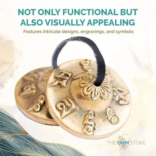 Miniatura 7 de Ohm Store Campanas tibetanas de mantra tingsha con estuche azul, accesorio de meditación hecho a mano para atención plena, yoga y sanación de sonido