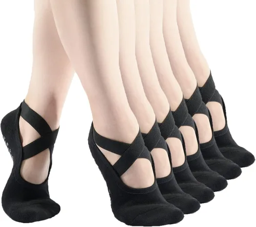 Pauboland Paquete de 6 calcetines acolchados negros para mujer, antideslizantes, piyo barre, pilates, ballet, yoga, con agarres, talla 4-9