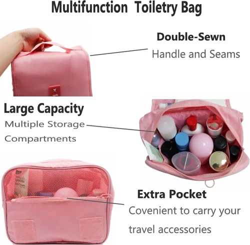 Miniatura 4 de Neceser colgante – Organizador grande de viaje de maquillaje cosmético para hombres y mujeres con gancho resistente, Rosado
