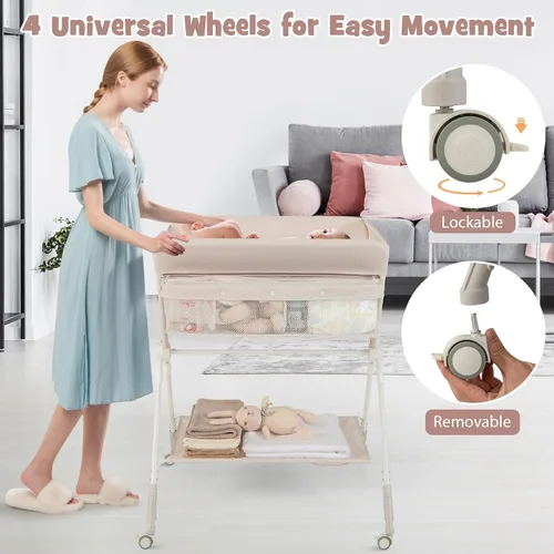 Miniatura 6 de BABY JOY Cambiador portátil para bebé, estación de cambio de pañales plegable con ruedas, altura ajustable, estante de almacenamiento grande