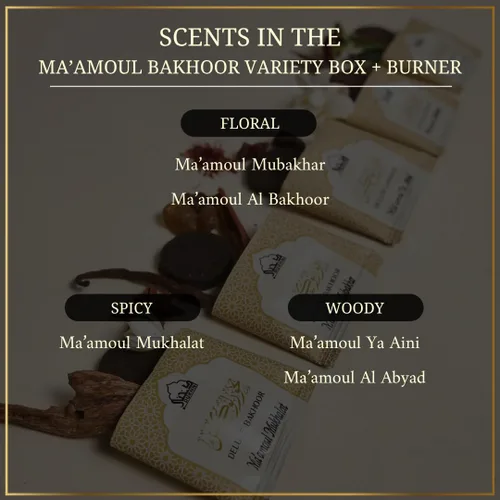 Miniatura 3 de Dukhni Maamoul Bakhoor - Caja variada con quemador y Misk Rijali Attar incienso árabe surtido y aceite de perfume de almizcle blanco suave y sedoso