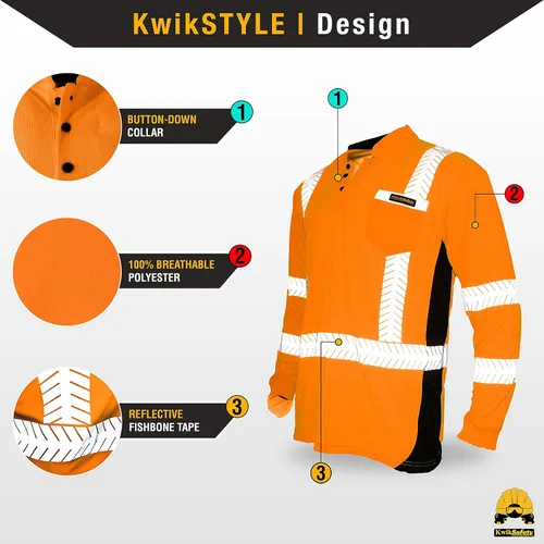 Miniatura 3 de KwikSafety - Charlotte, NC - Camisas de seguridad de manga larga premium [cuello redondo, botón y cuello con cremallera] Clase 3 ANSI probado OSHA