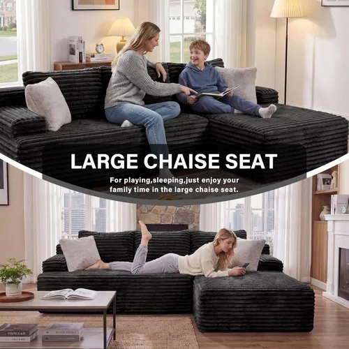 Miniatura 4 de Seccional modular: asiento de nube en forma de L con espuma viscoelástica, muebles de sala de estar convertibles de 3 asientos, diván de gran Negro