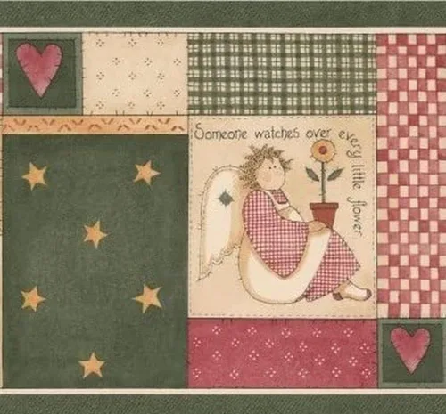 CONCORD WALLCOVERINGS ™ Papel Pintado Frontera Patrón Vintage Ángeles Corazones Para La Sala De Juegos, Dormitorio Cuarto De Niño, Beige Verde Rojo,