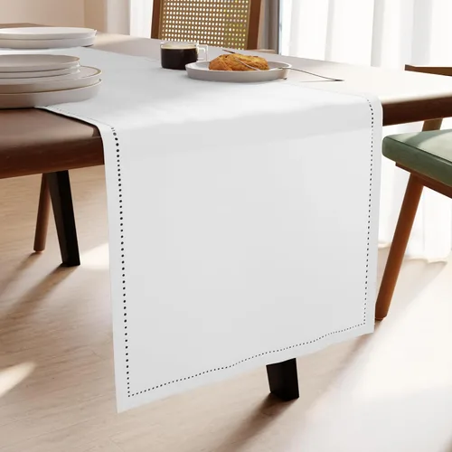 Encasa XO Camino de mesa de comedor de 13 x 59 pulgadas, diseño de dobladillo de algodón puro, blanco, lavable a máquina