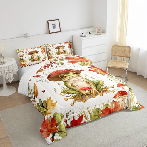 Miniatura 5 de Castle Fairy Juego de edredón de hongos, tamaño individual, lindo juego de ropa de cama de hojas de palma de rana y 2 piezas para decoración
