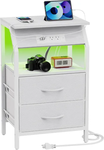 Miniatura 13 de SZLHANJZ Mesa auxiliar con luz, mesita de noche LED con 2 cajones y estación de carga tipo C, mesita de noche de tela pequeña para mesita de noche