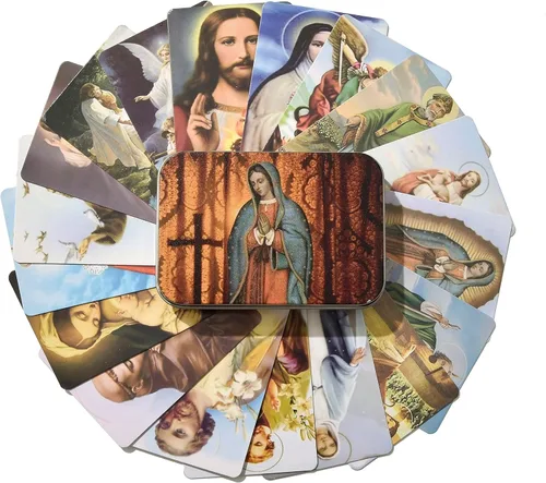 Miniatura 8 de Tarjetas sagradas católicas de oración con caja de metal, regalos católicos, tarjetas sagradas surtidas con santos católicos y oraciones, 144