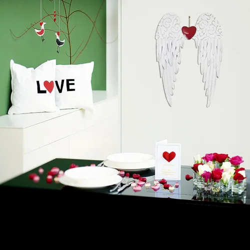 Miniatura 3 de K KILIPES Ala de ángel colgante para el día de San Valentín con decoración de corazón rojo, esculturas de arte de pared de alas de metal rústico