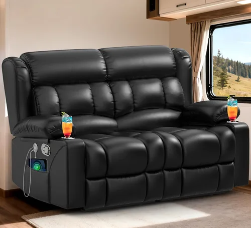 Miniatura 14 de Juego de Sofá Reclinable de Dos Plazas con 2+1 Piezas, Sillón Reclinable Minimalista de 2 Plazas con Pestaña de Tirón Manual, Tela con Puertos