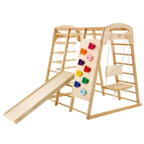 Miniatura 9 de VEVOR Gimnasio interior de la selva, parque infantil 7 en 1, 47.2 x 58 x 56 pulgadas, con escalera de madera y cuerda, escalera de red, columpio