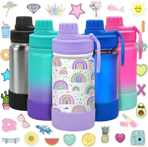 Miniatura 11 de CHILLOUT LIFE Botella de agua aislada para niños de 12 onzas para la escuela con tapa de boquilla a prueba de fugas y bonitas calcomanías Azul