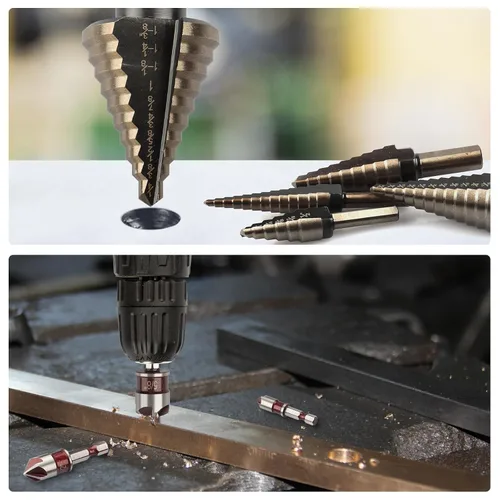 Miniatura 7 de Rocaris Paquete de 5 brocas escalonadas y 5 unidades de brocas avellanadas, revestimiento de titanio, 50 tamaños de brocas escalonadas para metal