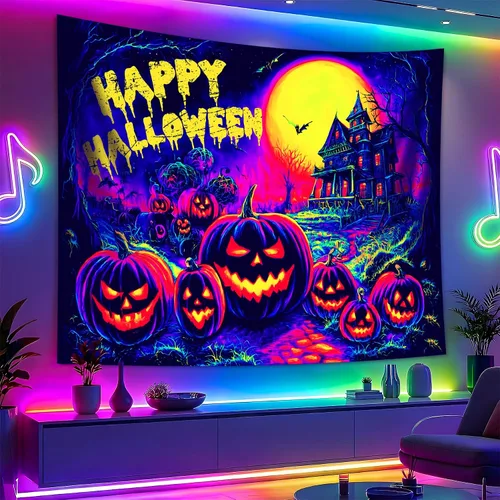Miniatura 12 de BVBOX Tapiz de Halloween con luz negra, reactivo a los rayos UV que brilla en la oscuridad, póster de tapiz trippy con luz negra para sala de estar