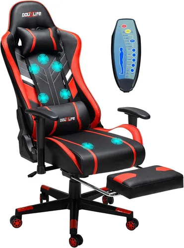 Silla de masaje para juegos de 7 puntos, silla de oficina con reposapiés y soporte lumbar, altura del asiento ajustable ergonómica, 175° reclinable