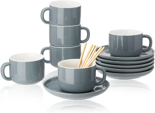 Miniatura 8 de Juego de 6 tazas de capuchino de 8 onzas, tazas de té con platillos y cucharas, tazas de té de cerámica negra, tazas de café para té, capuchino
