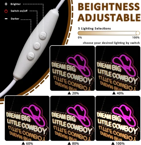 Miniatura 3 de Dream Big Little Cowboy - Letrero de neón para decoración de pared, letrero LED de sombrero de vaquero para habitación, luces de neón occidentales
