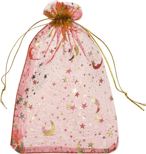 Miniatura 12 de MECCANIXITY Bolsa de organza de 3.5 x 5 pulgadas, bolsas de malla transparente de luna y estrella, bolsas de regalo con cordón, bolsa de regalo