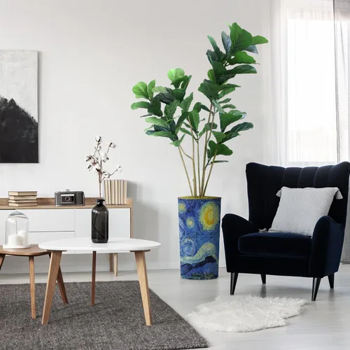 Miniatura 32 de Árbol artificial en macetero contemporáneo con patrón de margaritas, árbol de seda falso Ficus Lyrata para decoración del hogar en interiores