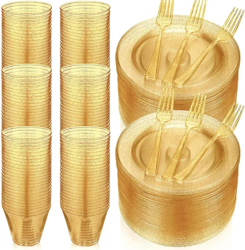 Honeydak Juego de vajilla de plástico con purpurina dorada de 300 piezas para 100 invitados, 100 platos de boda de 7.5 pulgadas, 100 tazas doradas
