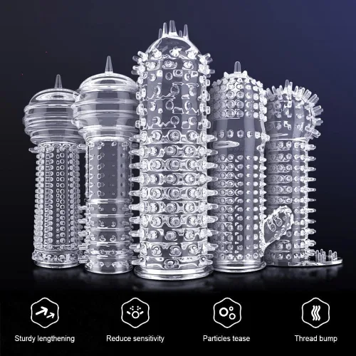 Miniatura 10 de Funda de silicona para el pene reutilizable, con textura elástica, con tachuelas, juego de mangas elásticas para el pene, anillos para el pene