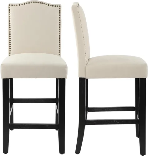 LSSPAID Juego de 2 taburetes de bar, de 28.5 pulgadas, modernos tapizados de tela, taburetes de bar con respaldo de cabeza de clavo y patas de Beige