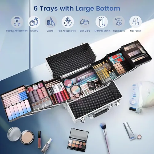 Miniatura 5 de Frenessa - Maletín de maquillaje portátil de 12 pulgadas, 6 bandejas de maquillaje, organizador de maquillaje profesional con llaves con cerradura