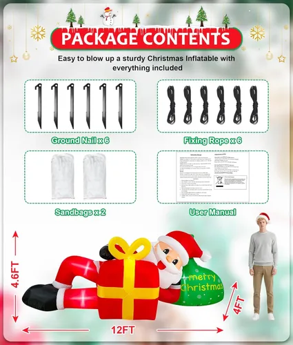 Miniatura 5 de EAONE Papá Noel Inflable Gigante Acostado de Navidad de 12 Pies Decoración Exterior, Decoraciones Inflables de Patio de Navidad Papá Noel Inflable