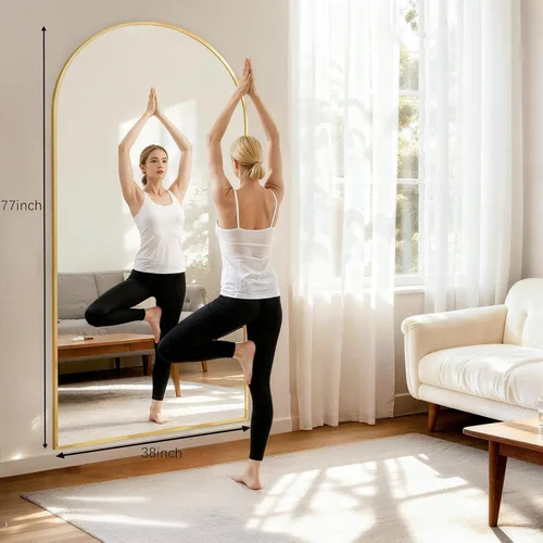 Miniatura 2 de Espejo de longitud completa de gran tamaño, espejo de piso arqueado de 38 x 77 pulgadas, espejo de cuerpo completo con soporte, espejo para Dorado