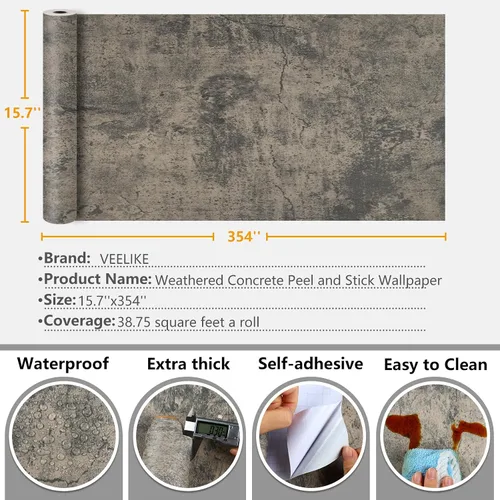 Miniatura 9 de VEELIKE Papel Tapiz de Hormigón Envejecido Despegar y Pegar con Textura Removible Papel Tapiz de Cemento para Paredes de Dormitorio 15.7''x354