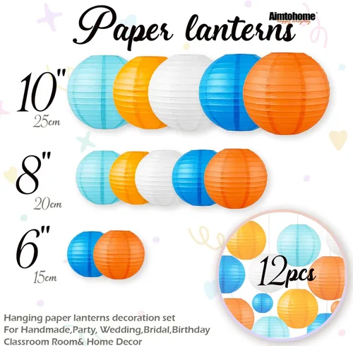 Miniatura 3 de Juego de linternas de papel azul y naranja (12 piezas) - Faroles colgantes de 6/8/10 pulgadas para fiestas de dibujos animados, eventos deportivos
