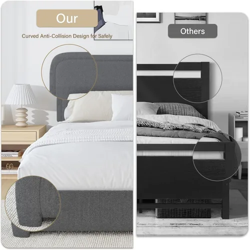 Miniatura 7 de BarnFurin Base de cama de tamaño Queen, base de cama tapizada de plataforma con cabecero, estilo moderno, esquinas suaves y redondeadas, no hace