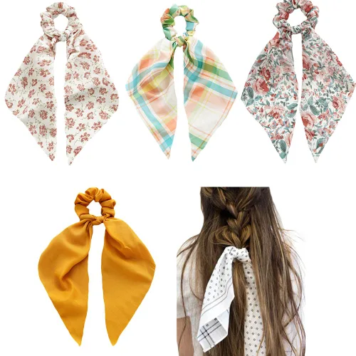 Coleteros de gasa beige y negro con lazos, cintas para el pelo y soportes para cola de caballo para mujeres y niñas (a cuadros, flores, 4 unidades)