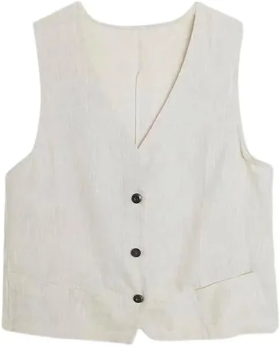 Miniatura 5 de IDEALSANXUN Chaleco de lino de algodón para mujer, blazer casual sin mangas